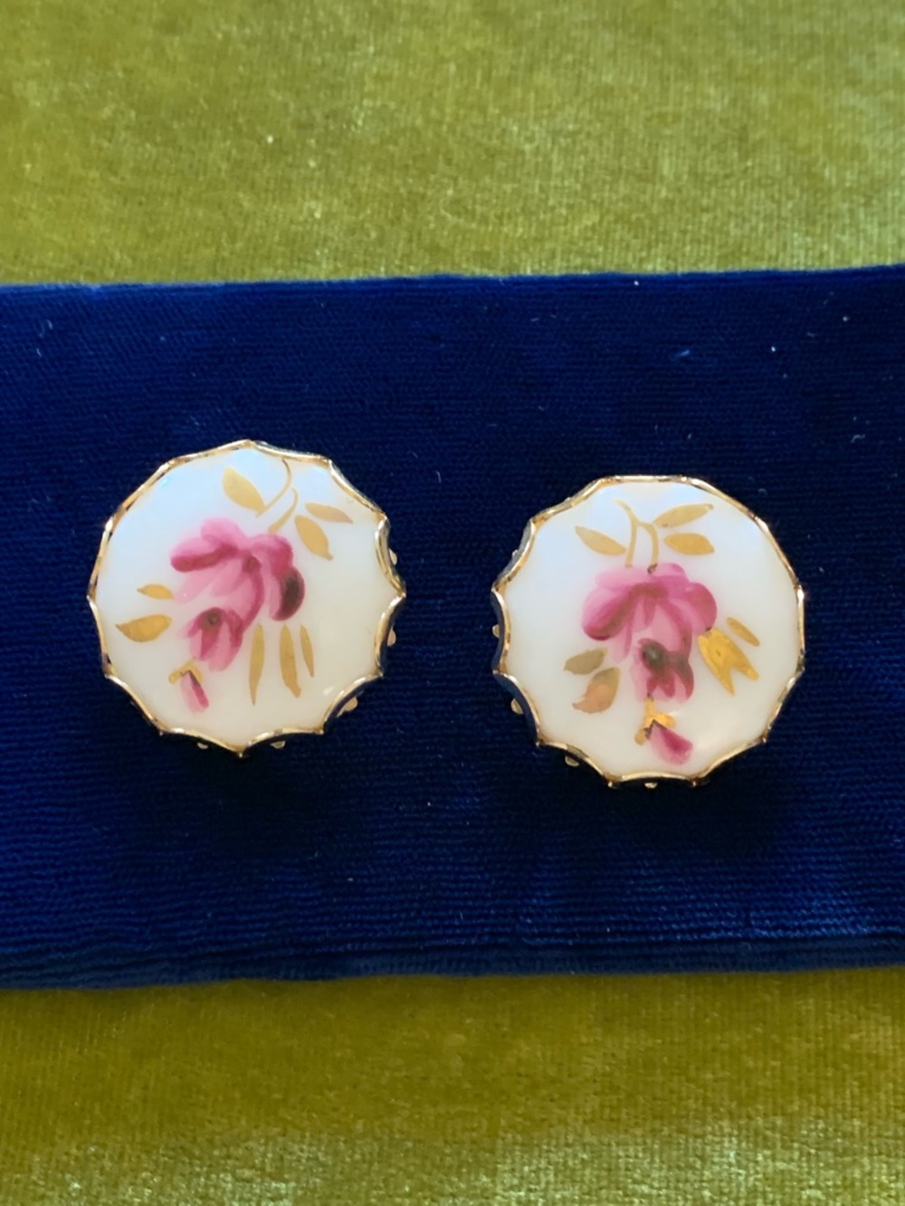 Hand-Painted Pink Flower Porcelain Earrings with Gold Trim